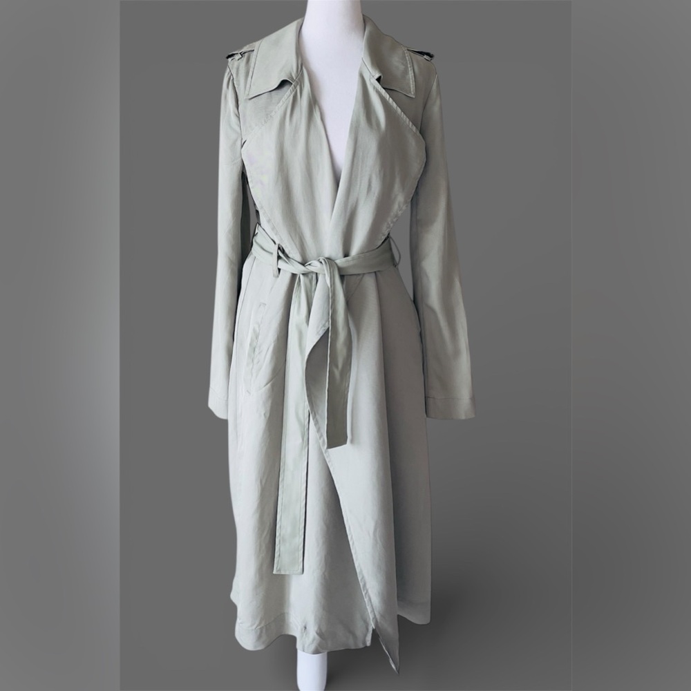 Badgley Mischka Faux Leather Trim Angelina Long Trench Coat in Sage Light Green - Picture 4 of 9